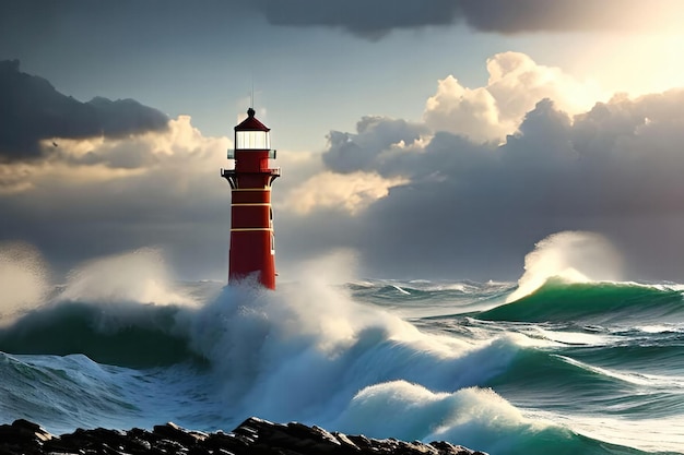 A lighthouse in the ocean with a cloudy sky in the background.