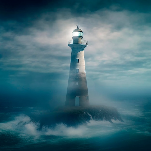 A lighthouse in the ocean with a cloudy sky in the background.