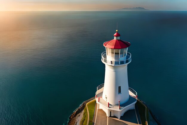 A lighthouse in the ocean with the sun setting behind it.