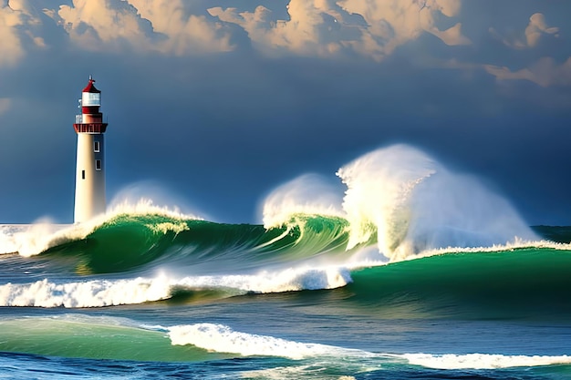 Lighthouse on the ocean with a wave crashing on it