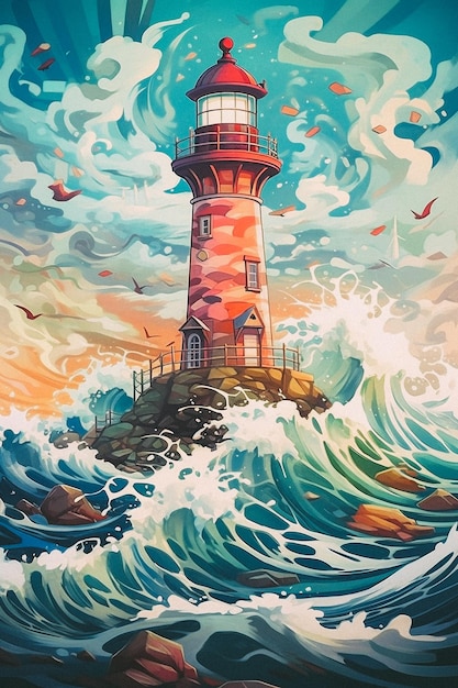 A lighthouse in the ocean with a wave crashing on it