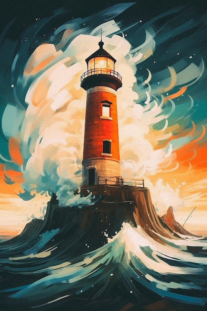 A lighthouse in the ocean with a wave crashing on it