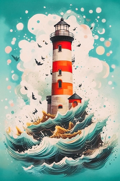 A lighthouse in the ocean with a wave crashing on it