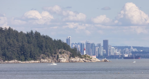 Lighthouse Park Downtown city and industrial ships and boats during sunny summer day