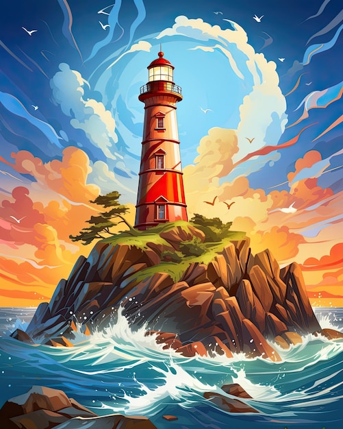 A lighthouse on a rock lightning bolt behind it Generative AI