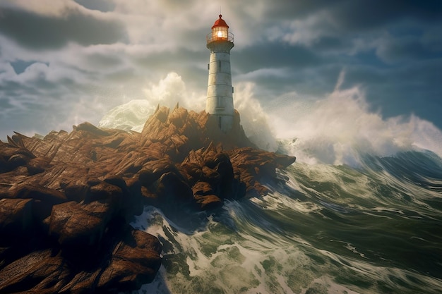 Lighthouse on a rock in the sea against the background of clouds and storm