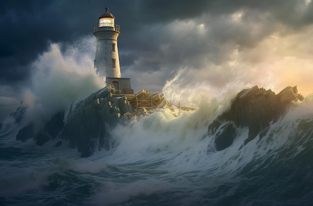 Lighthouse on a rock in the sea against the background of clouds and storm