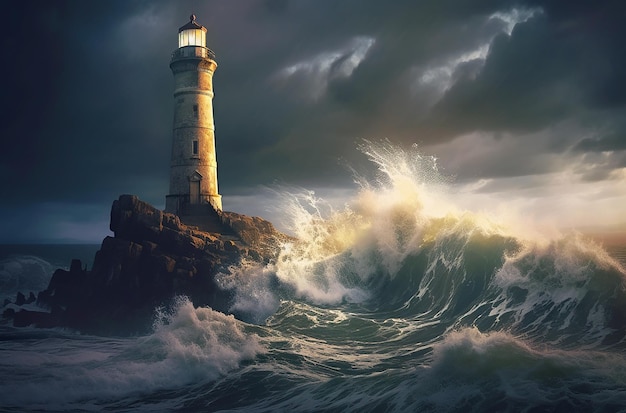 Lighthouse on a rock in the sea against the background of clouds and storm