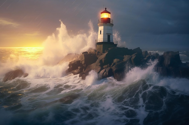 Lighthouse on a rock in the sea against the background of clouds and storm