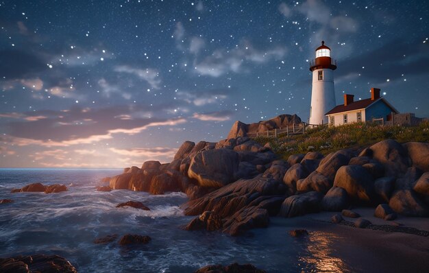 Lighthouse on a rock in the sea against the background of the starry sky