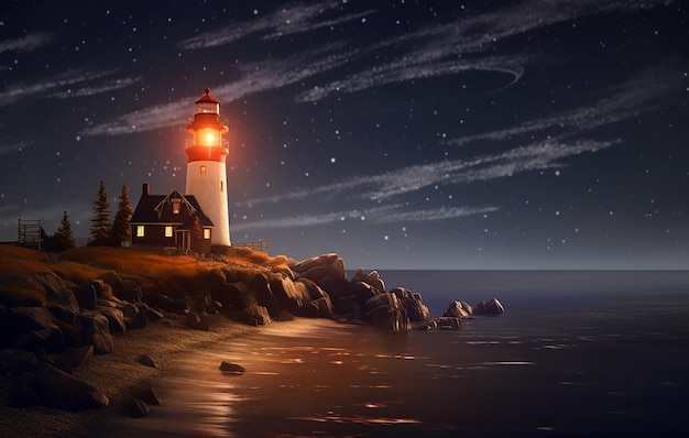 Lighthouse on a rock in the sea against the background of the starry sky