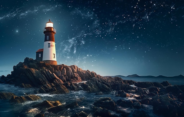 Lighthouse on a rock in the sea against the background of the starry sky