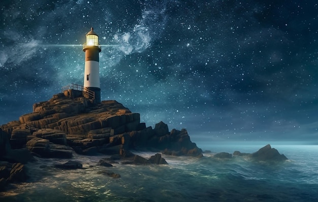 Lighthouse on a rock in the sea against the background of the starry sky