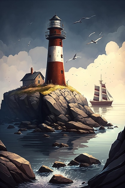 A lighthouse on a rock with a boat in the background.