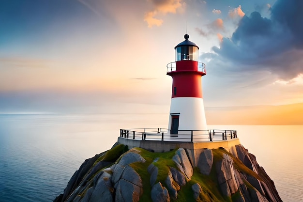 A lighthouse on a rock with a sunset in the background