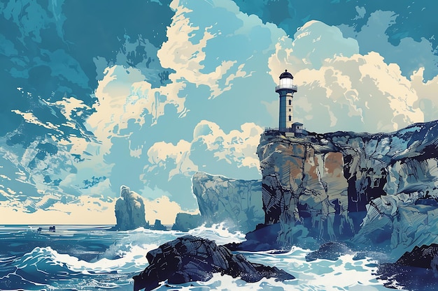 Lighthouse on a Rocky Cliff with Dramatic Clouds