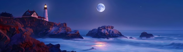 Photo lighthouse on a rocky coast under a full moon photo