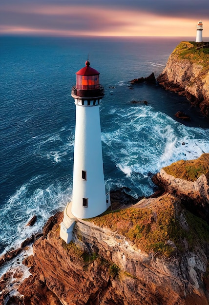 A lighthouse on the rocky shore of the blue ocean The raging ocean and the lighthouse