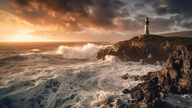 A lighthouse on a rocky shore with a cloudy sky in the background