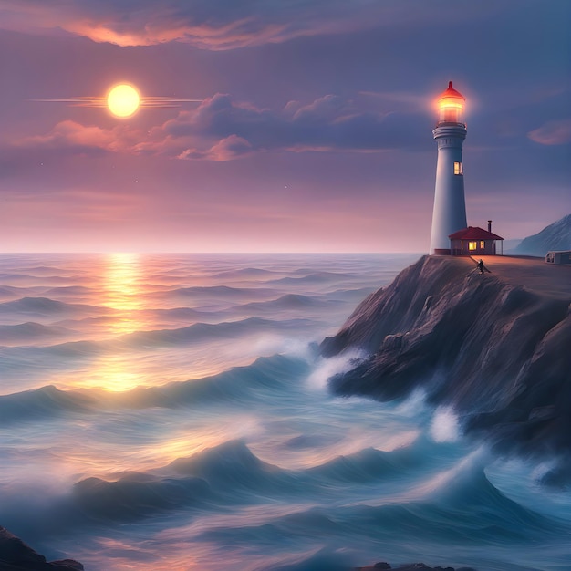 Lighthouse in the sea at sunset 3d render illustration Generative AI