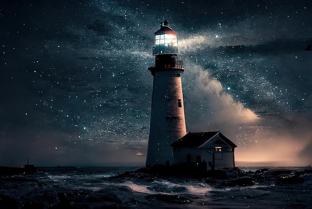 Lighthouse on the shore against the background of the starry sky Generative AI