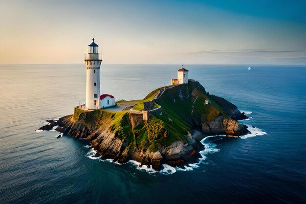 Photo a lighthouse sits on a rocky island in the ocean.