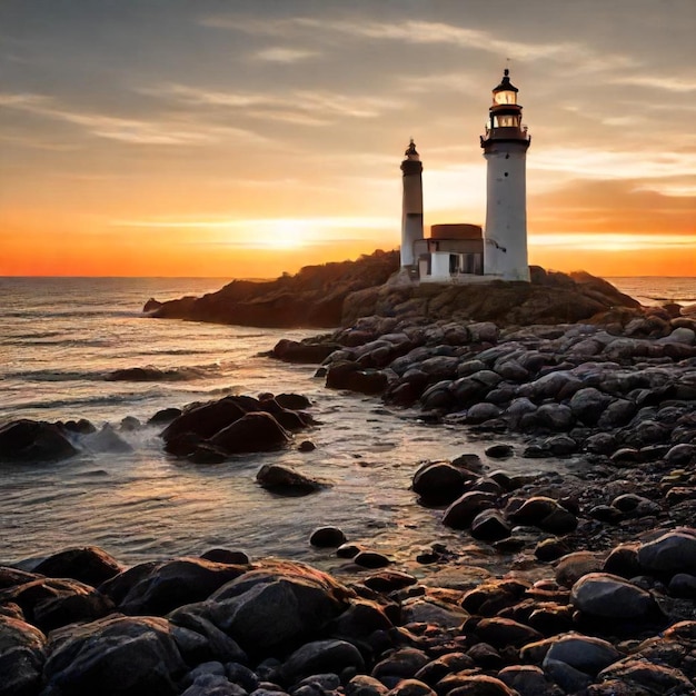 a lighthouse sits on a rocky shore with the sun setting behind it