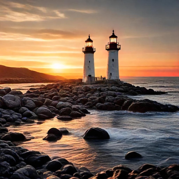 a lighthouse sits on a rocky shore with the sun setting behind it