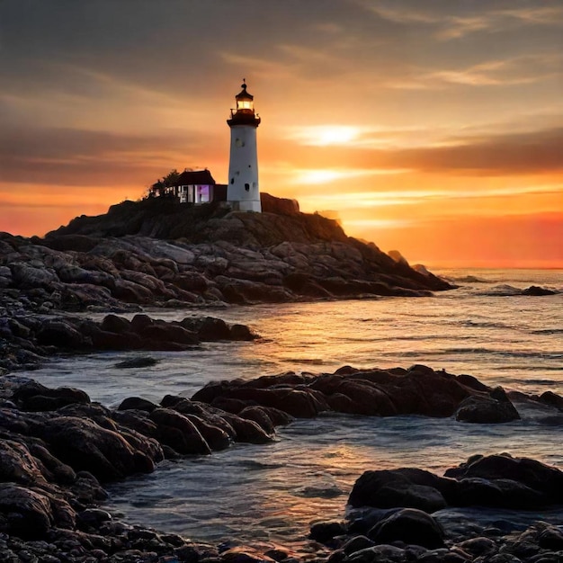 a lighthouse sits on a rocky shore with the sun setting behind it