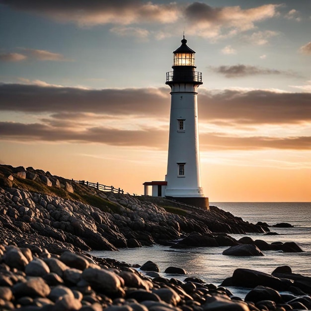 a lighthouse sits on a rocky shore with a sunset in the background