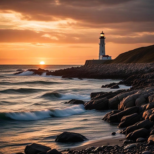 a lighthouse sits on the shore of a rocky beach