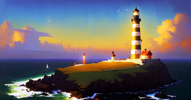 Lighthouse under the sky Safe Harbor Alert Warning light Concept Illustration Generative AI