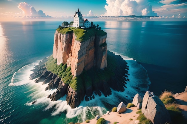 A lighthouse on a small island in the ocean