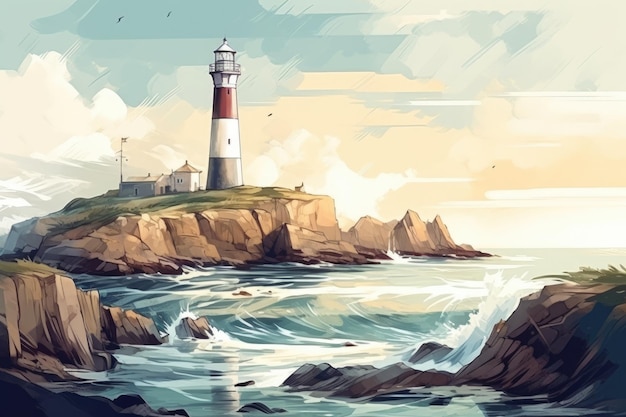 Lighthouse standing tall on a rocky shore with waves crashing against the rocks Generative AI