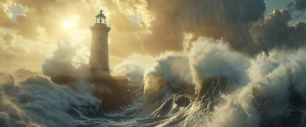 The lighthouse stands firm as a massive wave crashes against its base sending spray and foam high in