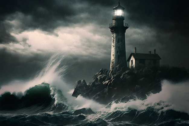 Lighthouse in the storm. 3d illustration