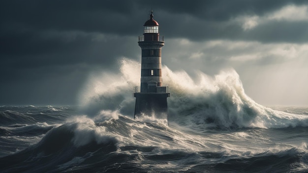 A lighthouse in a storm with a stormy sky behind it