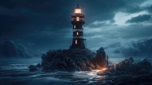 A lighthouse in the storm with a stormy sky