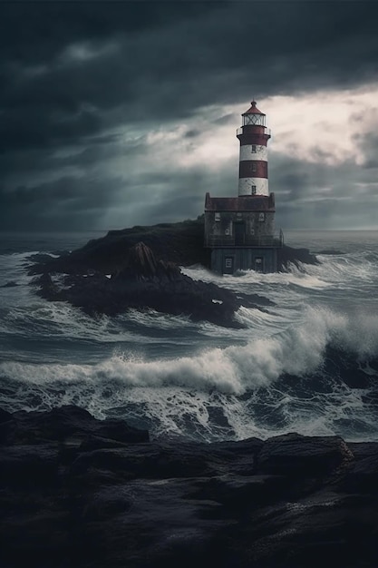 A lighthouse on a stormy day with waves crashing on the shore.