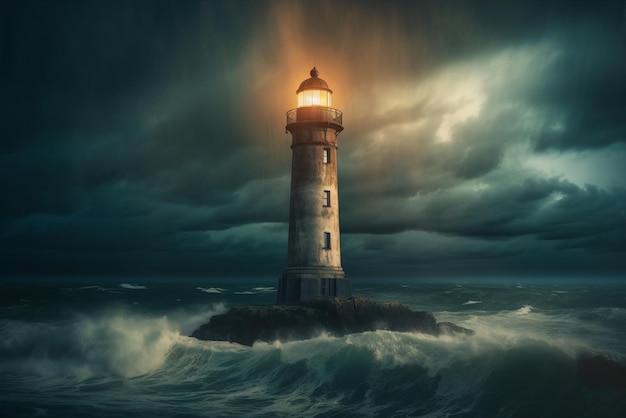 Lighthouse in the stormy sea with a cloudy sky