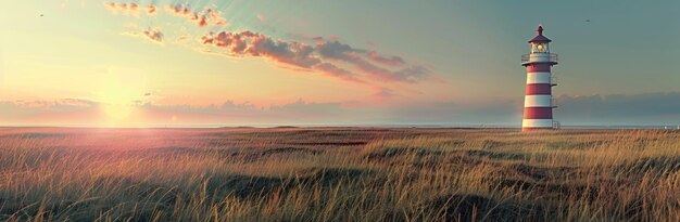 Photo lighthouse at sunset with golden grass