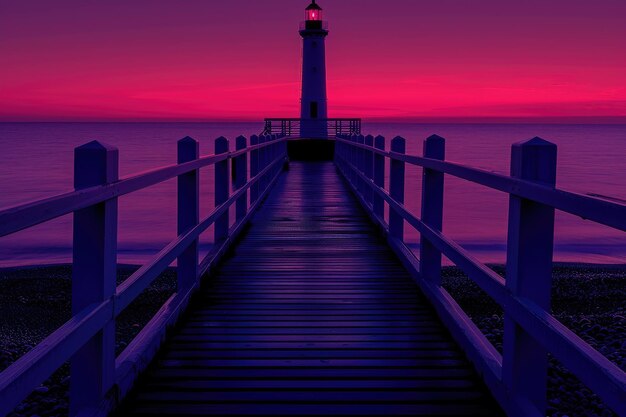 Photo lighthouse at sunset with a wooden bridge and a purple sky