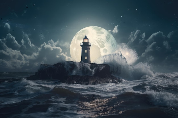 Lighthouse surrounded by waves with the moon shining above