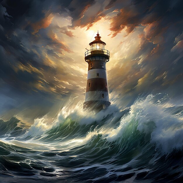 A lighthouse that stands still in the face of fierce waves to protect ships from storms