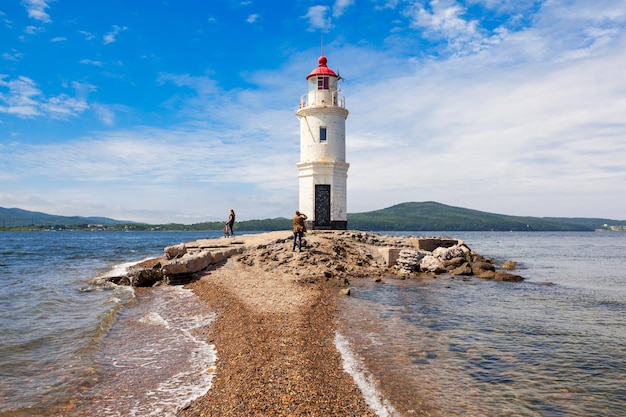 Lighthouse Tokarevskiy Egersheld on Tokarevskaya Koshka cape in Vladivostok, Primorsky Krai in Russia