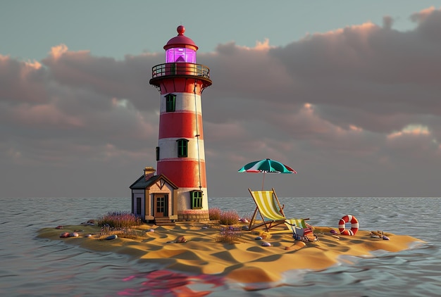 a lighthouse with a pink light on it is on the beach