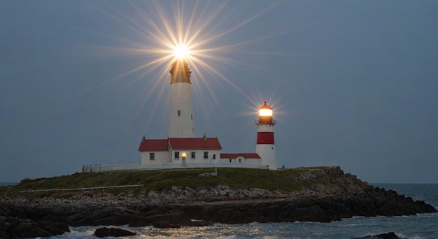 a lighthouse with the sun shining on the top