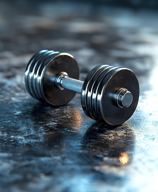 Lighting emphasizes metallic dumbbells on rugged surface in moody gym setting