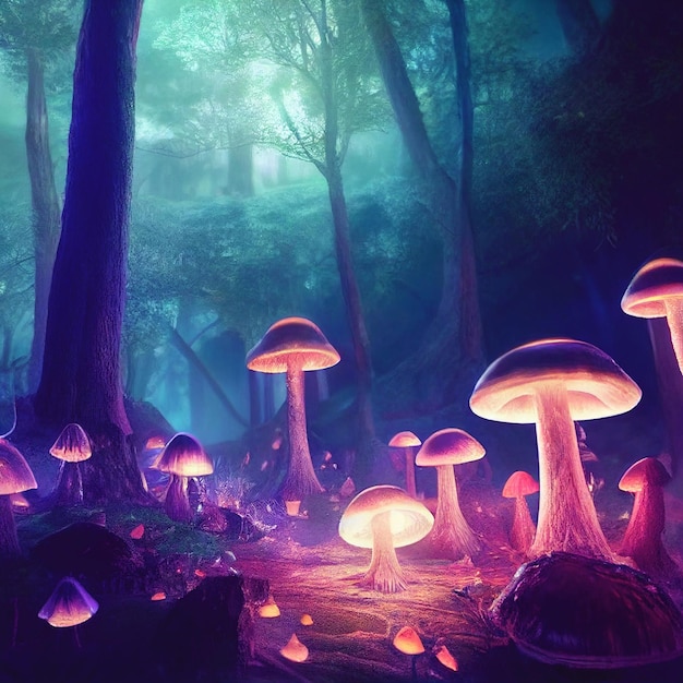 Lighting mushrooms in foggy forest