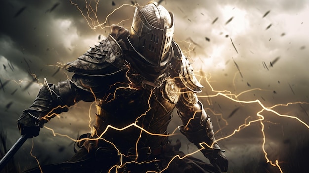 Lighting strikes a knight on battlefield wearing